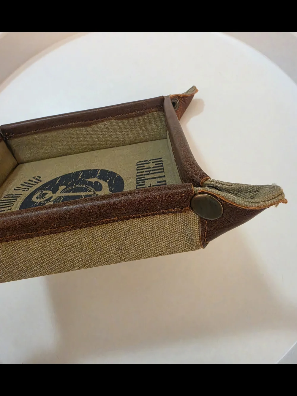 Mona B Nautical Anchor Canvas Catchall Tray in Rustic Brown Leather Trim Decor
